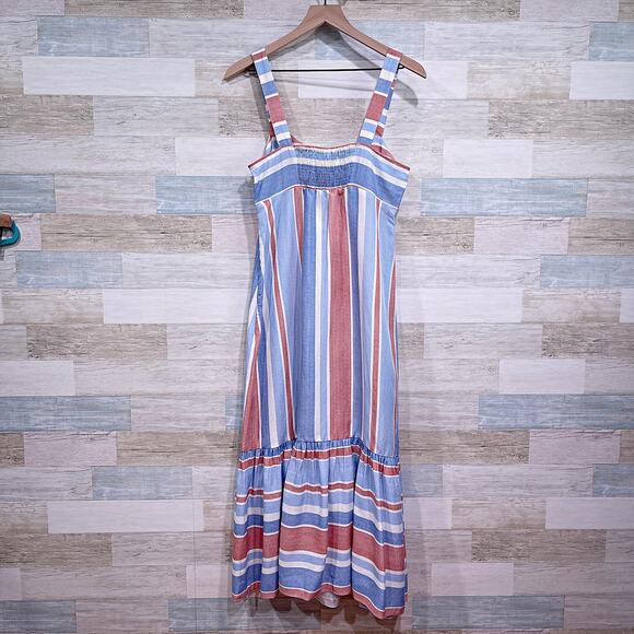 ZARA Striped Linen Blend Midi Sun Dress Red White Blue Mermaid Hem Womens Small - Picture 5 of 11
